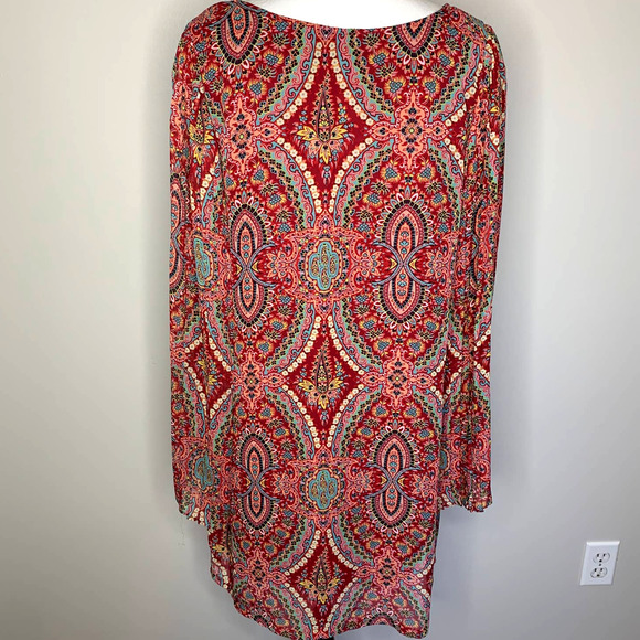 Fire Los Angeles Red Patterned Bell Sleeve Shift Dress L NEW - Picture 7 of 7